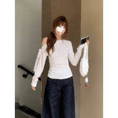 40支酷丝绵原版做法条纹t恤女修身打底衫绑带设计露肩上衣潮