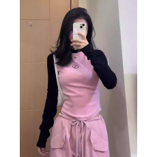 批发黑标品质，抖音质量~正肩紧身拼色长袖新款修身内搭打底短款上衣