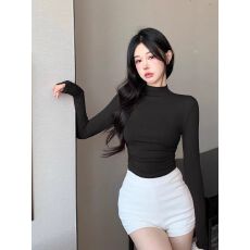 批发<b class='q'>莫代尔</b>92棉8氨纶褶皱<b class='q'>打底衫</b>长袖T恤女装秋季修身短款内搭上衣