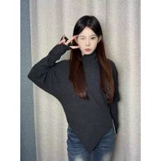 批发灰色半高领不规则<b class='q'>长袖</b>t恤女秋冬季短款收腰内搭打底衫蝙蝠袖上衣