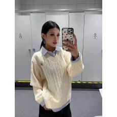 批发美式学院风麻花polo领假两件毛衣女秋冬宽松加厚慵懒风针织衫上衣