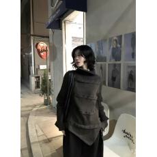 批发美式绿色拉链翻领毛衣<b class='q'>开衫</b>女秋冬<b class='q'>不规则</b>修身设计感高领针织衫上衣