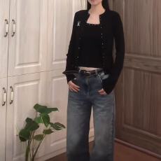 批发美式黑色长袖针织开衫女早秋季修身短款外搭毛衣<b class='q'>外套</b>上衣两件套装