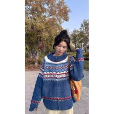 批发费尔岛蓝色高领毛<b class='q'>衣外套</b>女秋冬北欧风复古慵懒风加厚针织开衫冬季