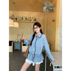 批发大码胖MM蓝色衬衫女秋季高级感chic别致上衣法式条纹设计感衬衫