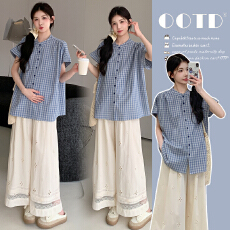 批发实拍2026夏季新款孕妇纯棉复古蓝格子上衣＋猪鼻扣蕾丝花边阔腿裤