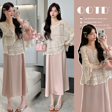 批发实拍2026春<b class='q'>夏</b>季新款孕妇缎面醋酸吊带裙＋针织勾花防晒罩衫套装