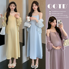 批发实拍2026春<b class='q'>夏季</b>醋酸缎面冰凉吊带裙＋防晒衬衫孕妇套装显瘦宽松