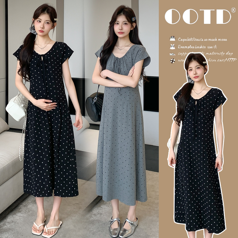 실사 2026 여름 미니멀리즘 도트 무늬 끈 클래식 라운드 넥 몸매 가꾸기 임산부 반팔 게으른 드레스