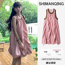 批发2026孕妇夏季新款无袖撞色背心连衣<b class='q'>裙</b>减龄褶皱设计