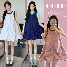 批发实拍2026孕妇夏季新款无袖撞色背心连衣<b class='q'>裙</b>减龄褶皱设计