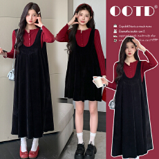 批发实拍2025秋冬季新款孕妇法式坑条开扣打底衫＋丝绒吊带背心裙