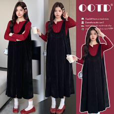 批发实拍2025秋冬季新款孕妇法式坑条开扣打底衫＋丝绒吊带背心裙