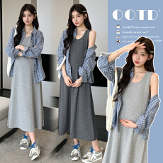 批发实拍2026春夏孕妇华夫格背心裙＋棉麻格子衬衫孕妇休闲懒人套装