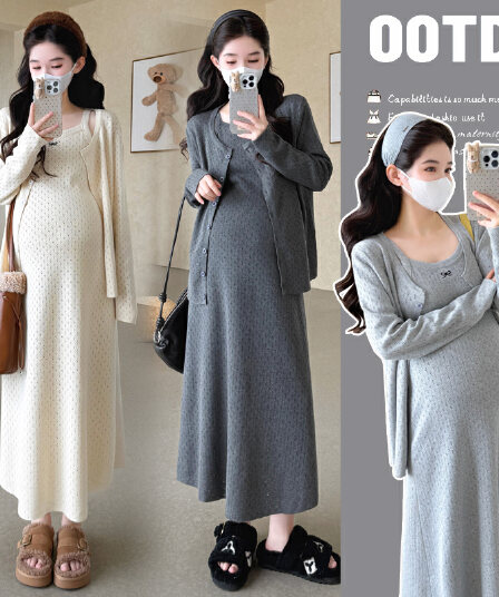 실사 2026 가을 겨울 임산부 홀로우 아웃 자수 나비 매듭 니트 오픈 가디건 슬립 드레스 품격 한국 스타일 투피스 세트