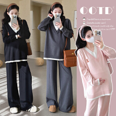 批发实拍20256春节新款孕妇假两件拼接刺绣针织V领休闲时尚宽松套装