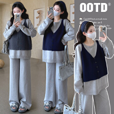 批发实拍2026春季新款孕妇假两件拼接马甲针织阔腿裤慵懒时尚宽松套装