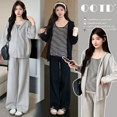 批发实拍20256春季新品孕妇假两件拼接条纹连帽针织休闲时尚宽松套装