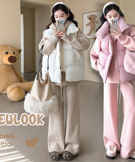 임산부 가을 겨울 펌프 로프 지퍼 패션 스웨터 캐주얼 섹션 패션 와이드 레그 팬츠 세트 다용도 면 의류 베스트