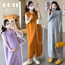 批发秋冬新款~孕妇针织开扣系绳彩色毛衣马甲裙＋半高领针织打底