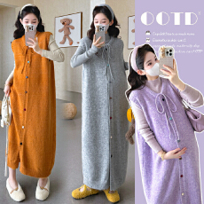 批发秋冬新款~孕妇针织开扣系绳彩色毛衣马甲裙＋半高领针织打底