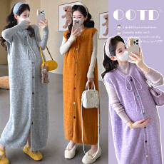 批发秋冬新款~孕妇针织开扣系绳彩色毛衣马甲裙＋半高领针织打底