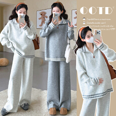 批发秋冬新品~孕妇秋冬软糯亲肤翻领毛衣撞色<b class='q'>条纹</b>休闲宽松阔腿裤<b class='q'>套装</b>