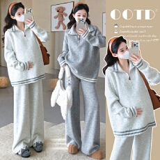 批发秋冬新品~孕妇秋冬软糯亲肤翻领毛衣撞色<b class='q'>条纹</b>休闲宽松阔腿裤<b class='q'>套装</b>