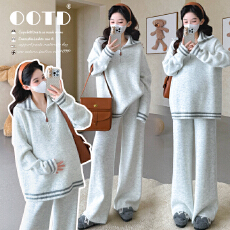 批发秋冬新品~孕妇秋冬软糯亲肤翻领毛衣撞色<b class='q'>条纹</b>休闲宽松阔腿裤<b class='q'>套装</b>