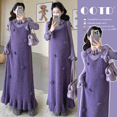 批发实拍秋冬新品~孕妇韩版编织花朵鱼尾毛衣背心裙＋花边打底套装