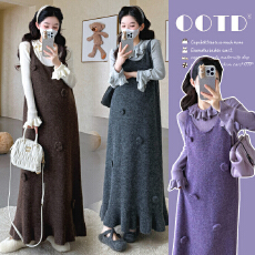 批发实拍秋冬新品~孕妇韩版编织花朵鱼尾毛衣背心裙＋花边打底套装