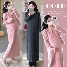 批发实拍<b class='q'>秋</b>冬新品~孕妇坑条开扣毛衣拼接蕾丝直筒针织孕期连衣裙