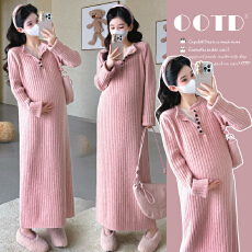 批发实拍<b class='q'>秋</b>冬新品~孕妇坑条开扣毛衣拼接蕾丝直筒针织孕期连衣裙