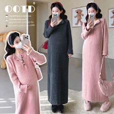 批发实拍<b class='q'>秋</b>冬新品~孕妇坑条开扣毛衣拼接蕾丝直筒针织孕期连衣裙