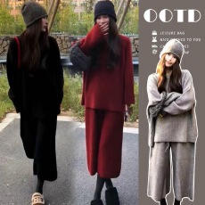 秋冬新品~孕妇巨好看爆款套头毛衣宽松大版遮肉八分阔腿裤套装