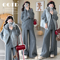 新款孕妇秋冬软糯亲肤开扣毛衣休闲时宽松套装＋百搭休闲棉衣马甲