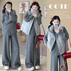 新款孕妇秋冬软糯亲肤开扣毛衣休闲时宽松套装＋百搭休闲棉衣马甲