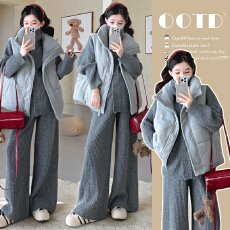 新款孕妇秋冬软糯亲肤开扣毛衣休闲时宽松套装＋百搭休闲棉衣马甲