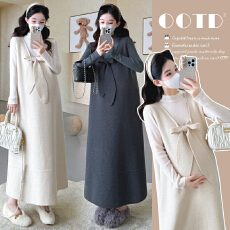 秋冬新款~孕妇韩版设计感蝴蝶结针织毛衣背心裙半高领打底套装