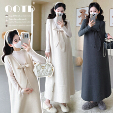 秋冬新款~孕妇韩版设计感蝴蝶结针织毛衣背心裙半高领打底套装