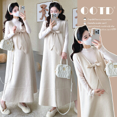 秋冬新款~孕妇韩版设计感蝴蝶结针织毛衣背心裙半高领打底套装