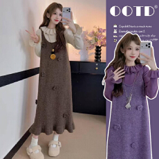 批发实拍秋冬新品~孕妇<b class='q'>韩版</b>编织花朵鱼尾毛衣背心裙＋花边打底套装