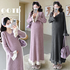 批发实拍~秋冬新款毛衣针织孕妇连衣裙花边坑条撞色宽松打底裙