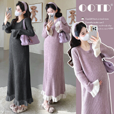 批发实拍~秋冬新款毛衣针织孕妇连衣裙花边坑条撞色宽松打底裙