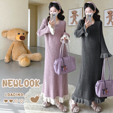 批发实拍~秋冬新款毛衣针织孕妇连衣裙花边坑条撞色宽松打底裙