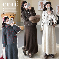 批发秋冬新款孕妇设计复古波点带围巾开扣开衫半身裙慵懒风毛衣套装