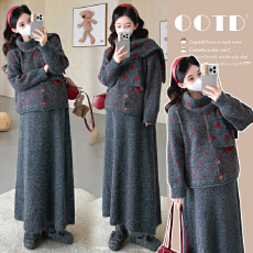 批发秋冬新款孕妇设计复古波点带围巾开扣开衫半身裙慵懒风毛衣套装