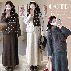 批发秋冬新款孕妇设计复古波点带围巾开扣开衫半身裙慵懒风毛衣套装
