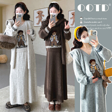 批发秋冬新款孕妇设计感卡通刺绣V领带披肩套头半身裙慵懒风毛衣套装