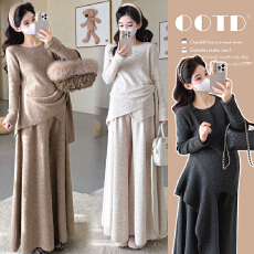 秋冬新品~爆款孕妇不规则套头上衣阔腿裙裤毛衣套装